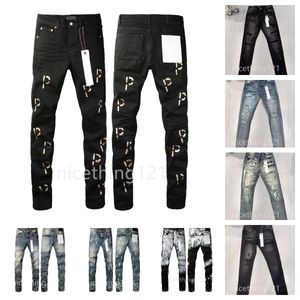 Diseñador de moda de la calle Jeans morados Botones para hombre Estiramiento negro Elástico Flaco Jeans rasgados Pantalones de marca Jeans para mujer Slim Fit Motocicleta Pantalones negros blancos