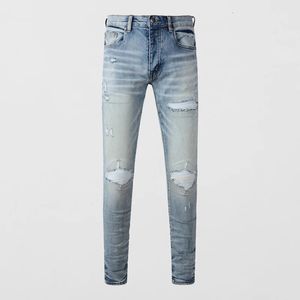 Street Fashion Men Jeans Retro Blue Light Stretch Skinny Fit Ripped Jeans Men White White en cuir patch.