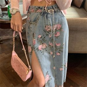 Streetwear Vintage Flowers Print Long Denim Skirts Summer High Waist Slim Sexy Open Split Straight Skirt Jeans Saias Female 220702