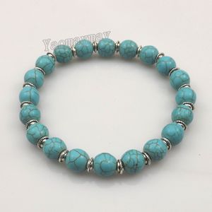 Bracelets de perles turquoise extensibles de 8 mm avec des perles d'espacement de couleur argentée pour les femmes 12pcs Livraison gratuite