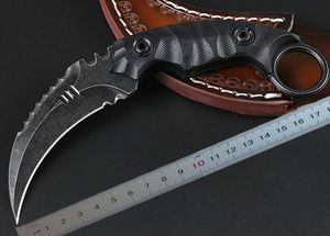 Cuchillo Karambit de alta calidad D2 Satén / Hoja de lavado de piedra negra Cuchillos de garra con mango G10 negro con funda de cuero