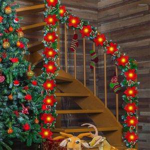 Cuerdas Navidad Poinsettia Twinkle Star Guirnalda con bayas rojas y hojas de acebo Flor artificial Navidad Cadena Luz Funciona con pilas