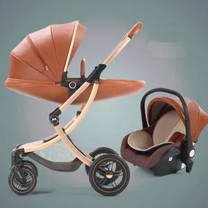 Poussettes Poussette bébé de luxe 3 en 1 chariot avec siège auto coquille d'oeuf né cuir haute Landscapetrollers05