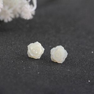 Stud 925 Pendientes de plata esterlina Post White Mother Of Pearl Rose Flower 10mm 8mm