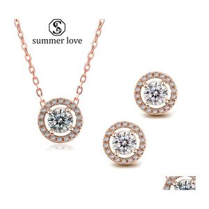 Stud Llegada Redondo Cubic Zirconia Pendiente Collar Pulsera Para Mujeres Rose Gold Sier Crystal Fashion Jewelry Set Regalo Drop Delivery E Dhyfr