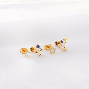 Pendientes de tuerca 2 pares patrón de astronauta con estrella para niñas Acero inoxidable antialérgico Color dorado Aretes piezas de joyería para fiestas