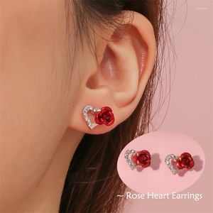 Boucles d'oreilles à clous en forme de cœur pour femmes, bijoux de luxe exquis, Rose rouge, amour, strass, mode coréenne perforée, 2023