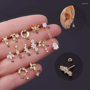 Boucles d'oreilles 2 pièces Zircon fleur papillon 16G vis en acier inoxydable boule torsadée oreille goujons Cartilage Tragus Piercing bijoux