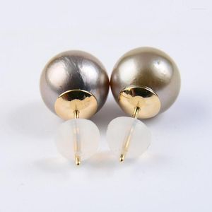 Pendientes de botón 9-10MM Color natural Oreja de perla genuina de Tahití Oro amarillo sólido de 9K