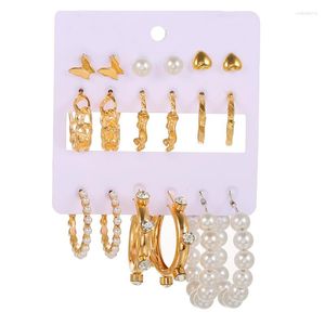 Boucles d'oreilles à clous pour femmes, 9 paires/lot, mode élégante, perles d'imitation blanches, cerceau rond, tendance coréenne, bijoux, 2023