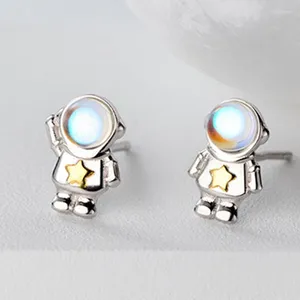 Pendientes de tuerca de Plata de Ley 925 con bonito astronauta espacial, Planeta, ópalo para mujer, joyería sencilla y encantadora para Piercing en la oreja
