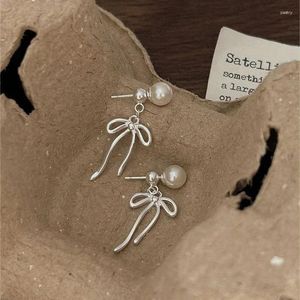 Boucles d'oreilles 925 Sterling Silver Drop Simple Pearl Bowtie Ribbon Bangle For Women Girl Gift Jewelry Wholesale