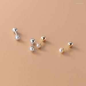 Boucles d'oreilles à tige en argent Sterling 925 ronde perle blanche haute qualité bijoux pour femmes cadeau filetage bouchon d'oreille empêcher la chute