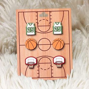 Pendientes de tuerca, juego de pelota de baloncesto, tarjeta de madera, deporte de mujer