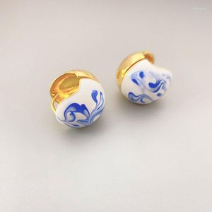 Boucles D'oreilles Clou Bleu Et Blanc Porcelaine Motif Boule En Émail Pour Les Femmes Chinois Ethnique Insolite Chose Unique Bijoux