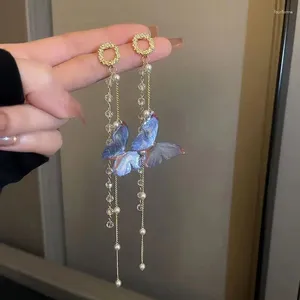 Pendientes de tuerca con borlas de mariposa y perlas de cristal azul para mujer, aretes de moda exagerados coreanos, regalo de joyas de fiesta de cumpleaños