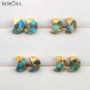 Pendientes de semental Borosa Moon Gold Copper Turquesa Natural Turquois para mujeres Gemas de moda G1988