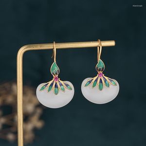 Boucles d'oreilles chinoises en Imitation de Jade pour femmes, bijoux de luxe, couleur or, émail, pendentif de mariage, à la mode