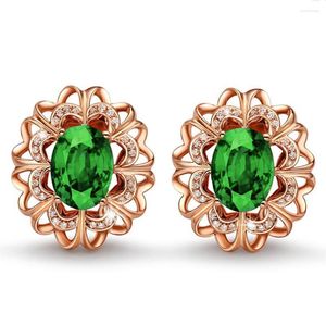 Aretes Clásicos Cristal Verde Esmeralda Piedras Preciosas Diamantes Flor Para Mujeres 14k Oro Rosa Lleno Joyería Accesorios De Fiesta