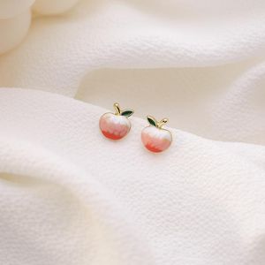 Pendientes de semental Cute Romantic Pink Enamel Peach Small For Women Golden Aley Fruit Arendería Declaración de joyas Brincos