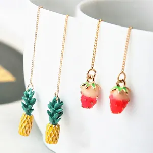 Pendientes de tuerca con diseño de fruta para mujer, borla de piña y fresa, línea larga de oreja, regalo para Amiga, joyería minimalista