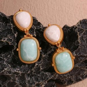 Boucles d'oreilles à clous E B Belle, boutique officielle, pierre naturelle, Jade blanc, Amazonite, goutte, acier inoxydable, étanche, pierres précieuses dorées