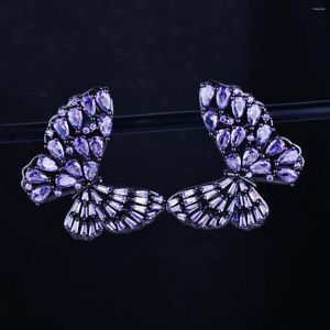 Pendientes de tuerca exquisita mariposa circonita blanca/púrpura para mujer chica hermoso pendiente de cristal joyería de boda regalos de cumpleaños