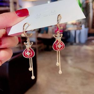 Pendientes de tuerca, monedero rojo creativo a la moda, bolso de bendición de monedas de estilo chino para mujer, año largo con borlas