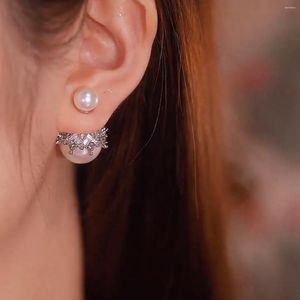 Pendientes de tuerca a la moda, elegantes pendientes de perlas de doble cara, declaración de cristal de dos bolas a la moda para mujer, regalo de joyería para fiesta y boda