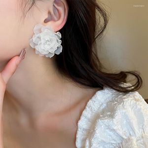 Pendientes de tuerca a la moda, cristal acrílico blanco, flor grande para mujer, regalo de fiesta de boda, pendiente para mujer, joyería de moda