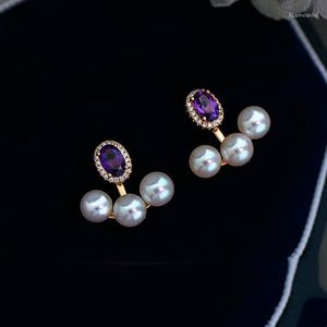 Pendientes de aro francés retro amatista brillante perla estilo de moda