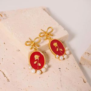 Pendientes GLSEEVO chapados en oro de 18 quilates, declaración gruesa, venta al por mayor de China, rojo y flor para mujer