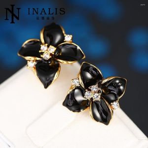 Pendientes de tuerca INALIS Moda Color oro rosa Flor negra Pendiente de cristal Niñas para mujeres Regalo E740