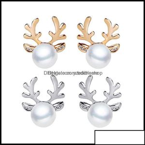 Pendientes de tachuelas Joyas de lujo Pearl Antlers de Navidad Elk Elk Animal Rhinestone Crystal Sier para mujeres Fashion