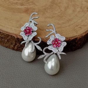 Boucles d'oreilles KKGEM rouge zircon cubique Micro pavé fleur larme coquille de mer blanche PearlStud pour les femmes