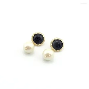 Boucles d'oreilles à clous, couleur or jaune clair, Cabochon rond, pierre de sable bleue avec Imitation de perle, bijoux à la mode