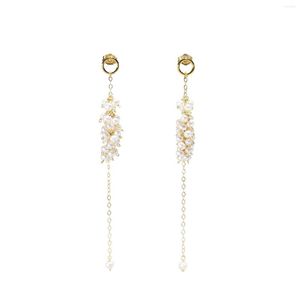 Lii Ji – boucles d'oreilles longues en perles d'eau douce blanches, bijoux longs remplis d'or 14 carats, faits à la main pour femmes, cadeau d'anniversaire, de fête de mariage