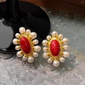 Boucles d'oreilles Design de luxe Fend modèle Vintage perle rouge corail oreille grosse déclaration boucle d'oreille 18K 14K couleur or métal Original bijoux Lot