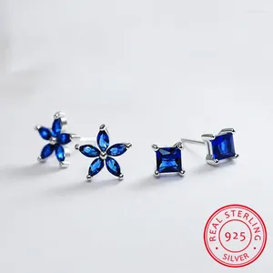 Pendientes de tuerca de lujo para mujer, zafiro azul Natural, Plata de Ley 925, boda para mujer, flor cuadrada Vintage