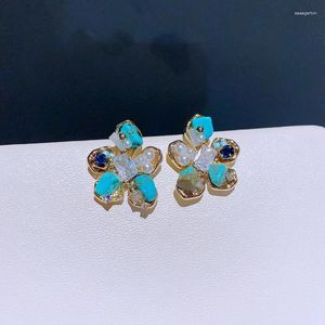 Pendientes de tuerca de lujo con piedra turquesa y flor chapada en oro, joyería hecha a mano con cuentas para mujer