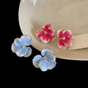 Pendientes de tuerca Minar declaración rosa azul degradado Color esmalte diamantes de imitación flor grande para mujeres joyería de boda al por mayor