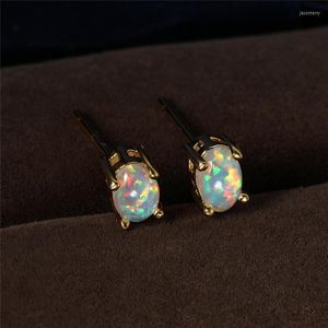 Pendientes de tuerca Mystic Rainbow Fire Opal Cute Tiny White Blue Small Oval Birthstone Vintage Gold Color para mujer