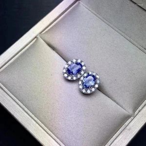 Pendientes de tuerca, gema de tanzanita azul Natural, moda elegante, piedra preciosa de flor de sol, joyería de plata S925 para fiesta de niña