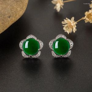 Pendientes de tuerca Flor de jade verde natural 925 ágata de plata tallada a mano china accesorios de joyería de moda amuleto regalos para mujeres