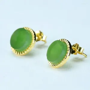 Pendientes de tuerca Jade VERDE Natural redondo joyería de plata de ley 925 mujeres nefrita china Hetian Jades pendientes dorados