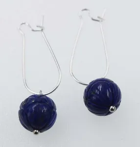 Boucles d'oreilles à clous, une paire de Lapis Lazuli bleu sculpté rond 8/10mm S925 crochet, perles en gros FPPJ Nature