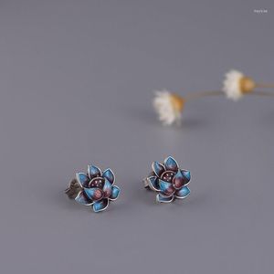 Pendientes de tuerca diseño Original Cloisonne esmalte porcelana Lotus chino Retro artesanía elegante encanto joyería de plata para mujer