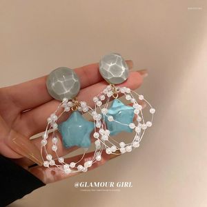 Pendientes de tuerca RE estilo coreano colgante de estrella azul para mujer elegante imitación perlas pescado línea pendiente moda Simple oreja joyería