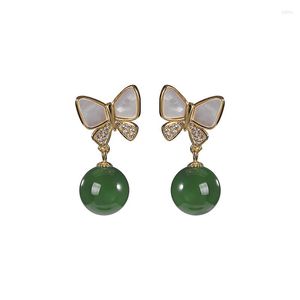 Boucles d'oreilles en argent sterling S925 plaqué or naturel Hetian Jade rétro frais papillon boucle d'oreille pendentif pour dames