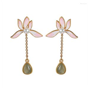 Boucles d'oreilles à tige S925 en argent Sterling plaqué or cloisonné Hetian gris jade Style chinois Lotus boucle d'oreille pendentif pour dames